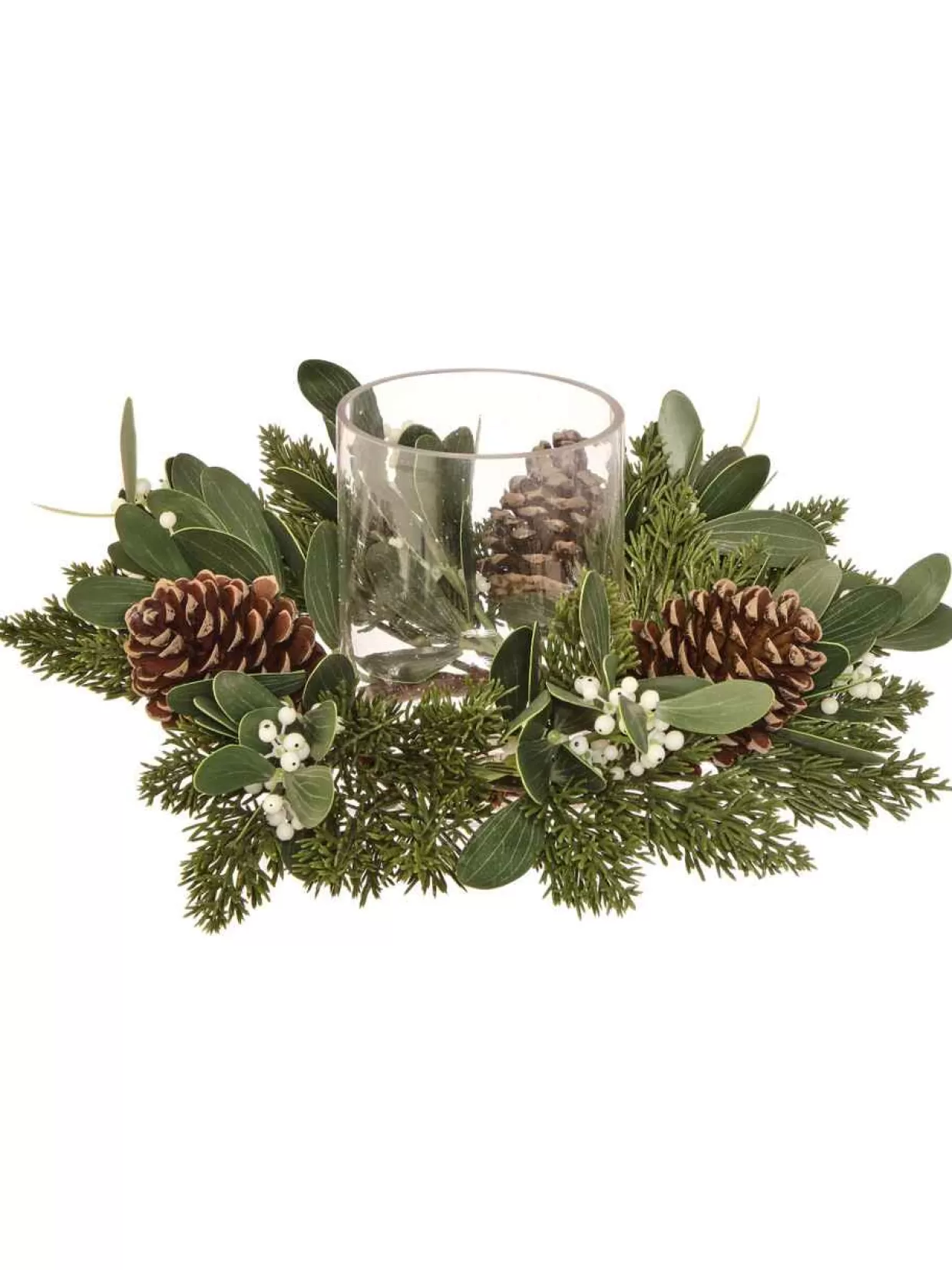 * 14" X 3" Mistletoe Cedar Wood Cone Glass Candle Holder* Candles