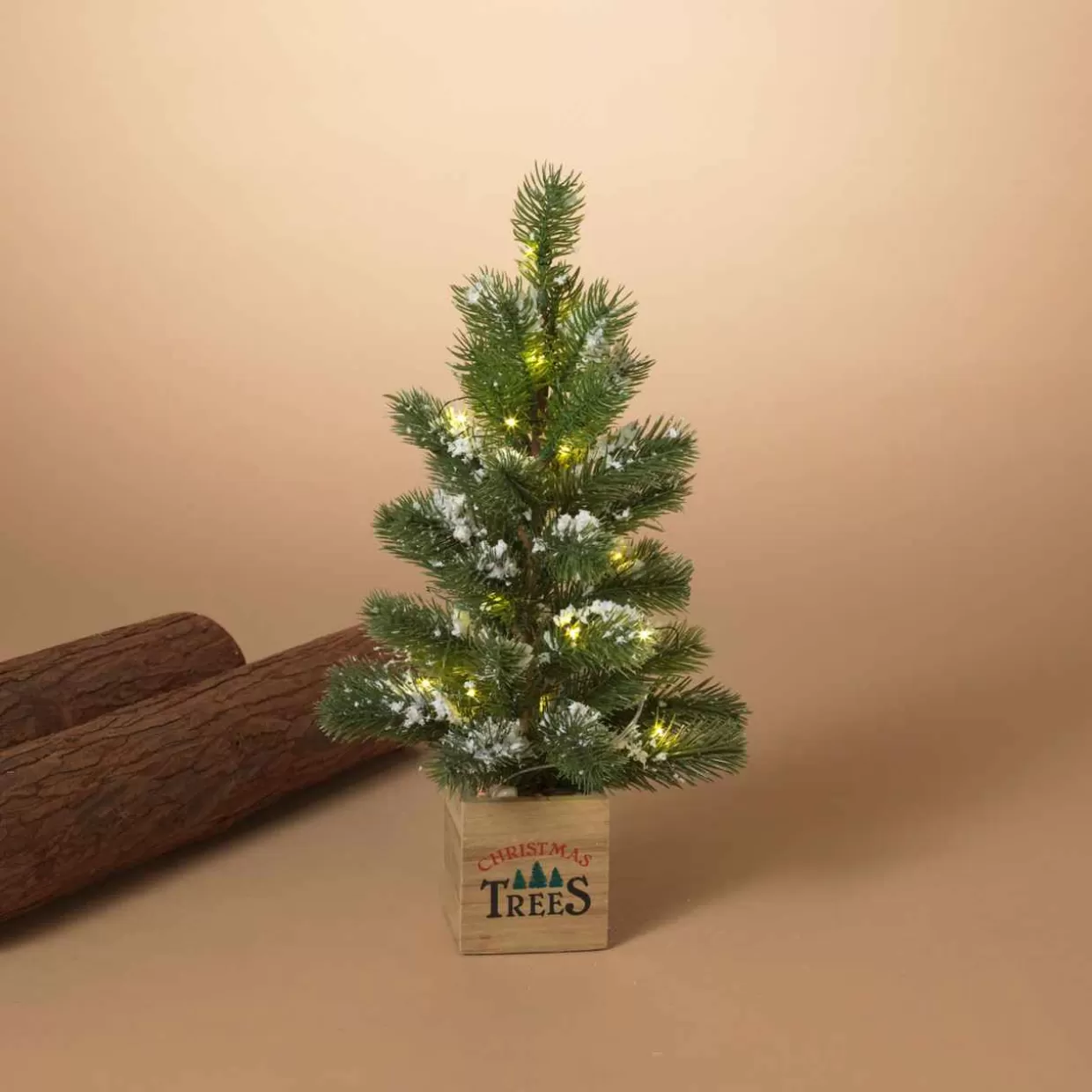 * 15 Inch Lighted Pine Tree With Faux Snow In Wood Box* Tabletop Trees