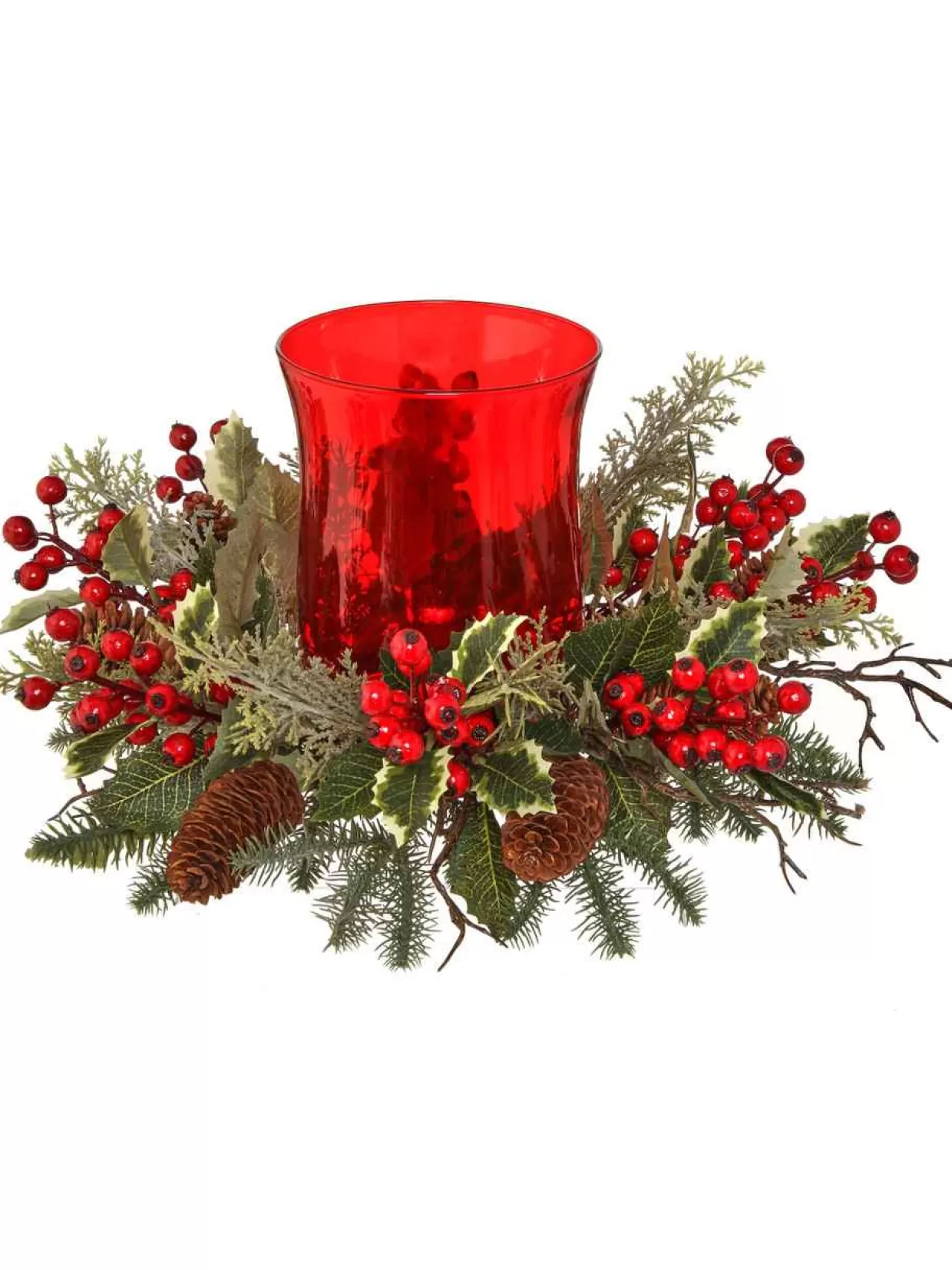 * 16" Red Glass Candle Holder Sitting On Spruce, Cedar, And Holly* Candles