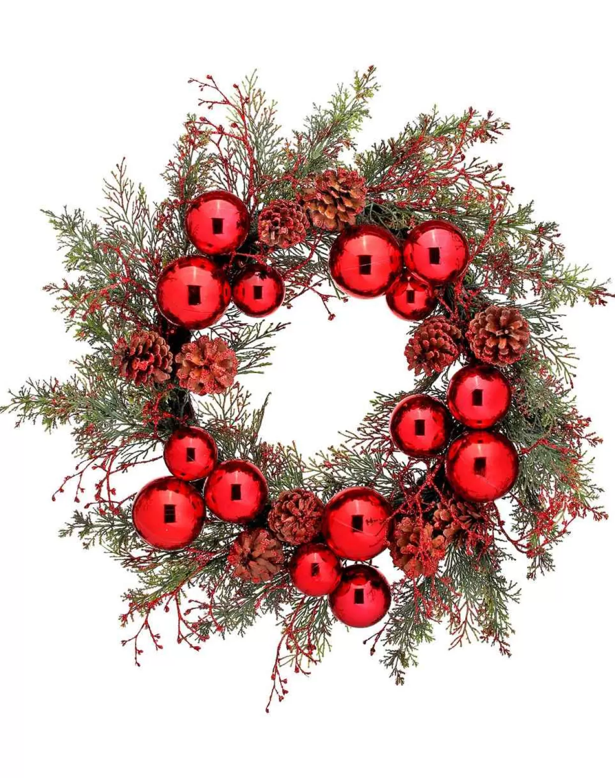 * 24" Red And Green Glittered Cedar With Balls And Cones Wreath* Wreaths