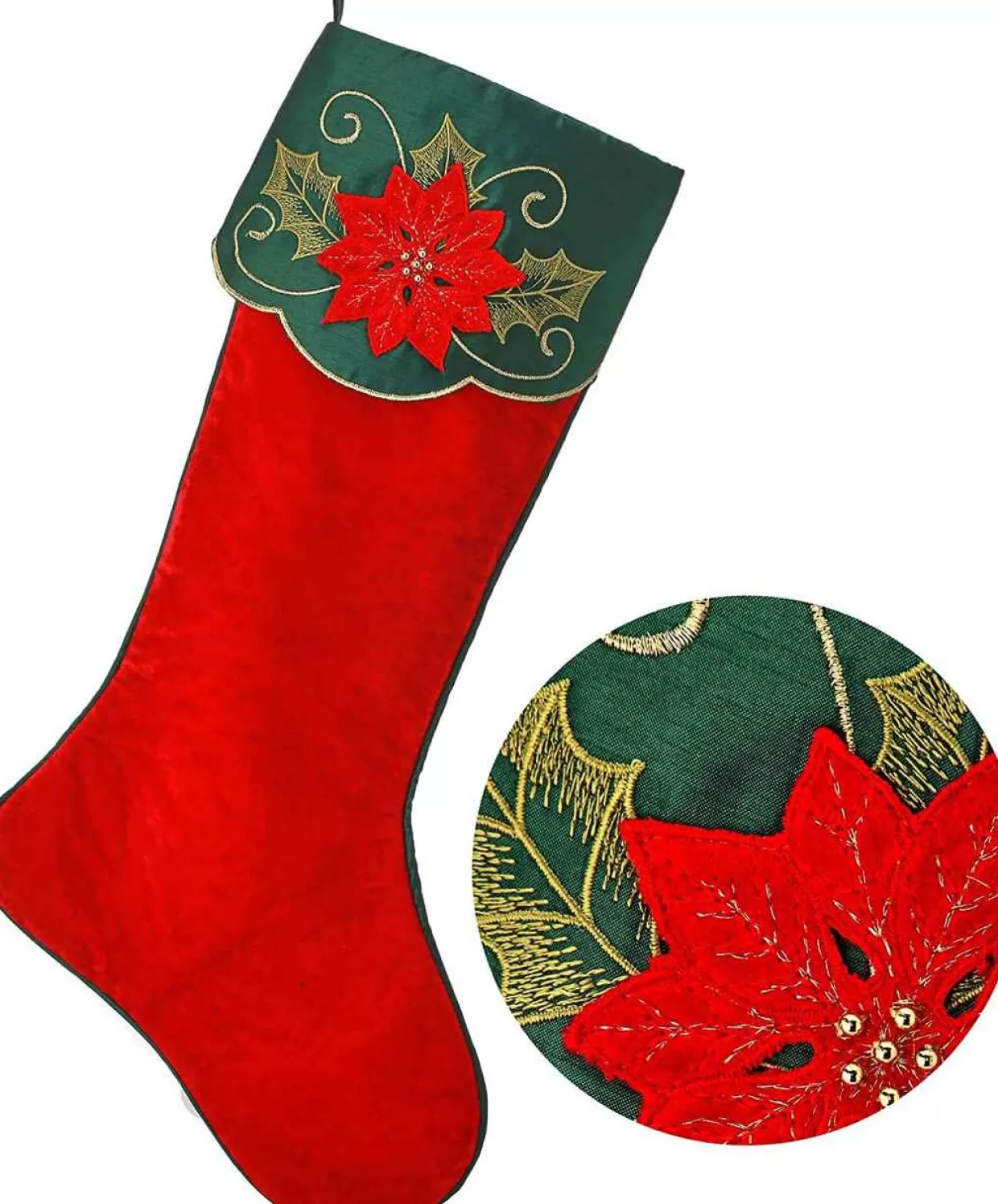 * 25" Red And Green Velvet Embroidered Poinsettia And Holly Christmas Stocking* Stockings
