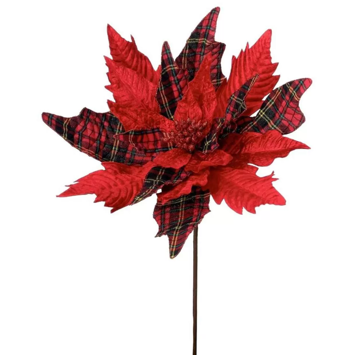 * 26" Red & Gold Plaid Velvet Poinsettia* Tree Picks