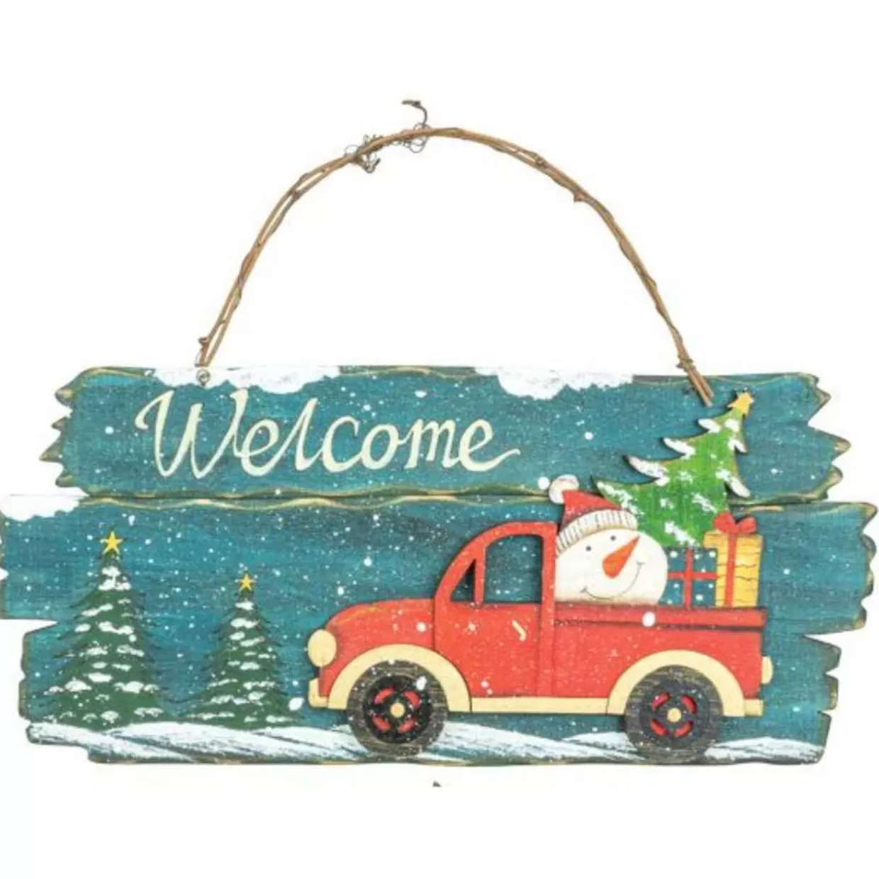 * Green Wooden Welcome Wall Hanging Sign With Classic Red Truck* Wooden Signs