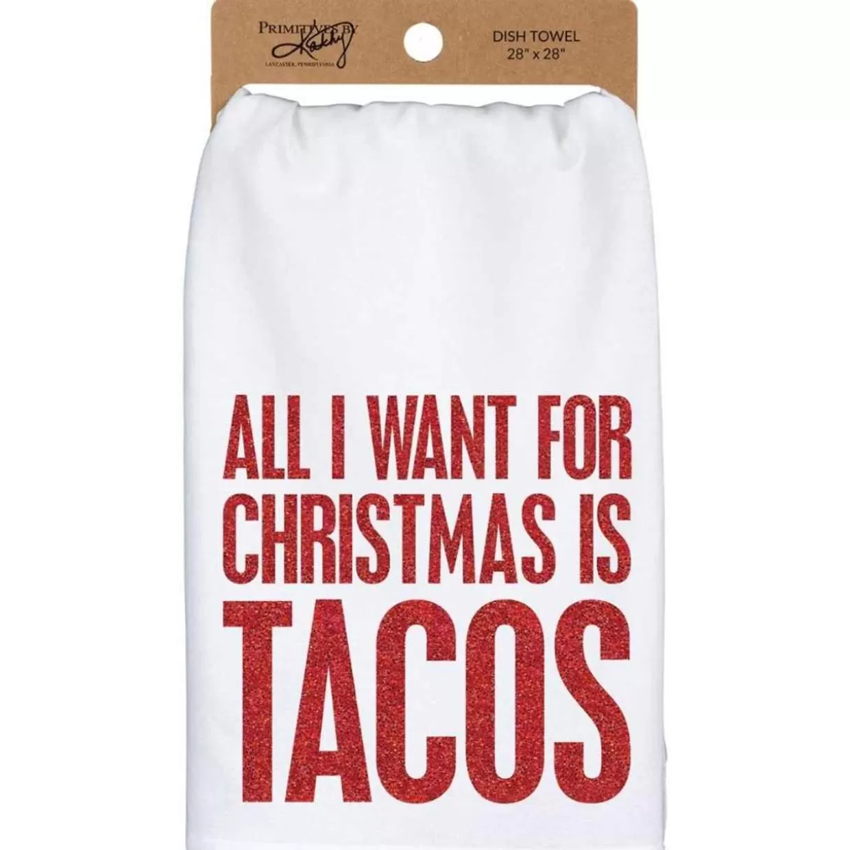 * Primitives By Kathy All I Want For Christmas Is Tacos Red Glitter Accents Cotton Kitchen Dish Towel* Table & Glassware