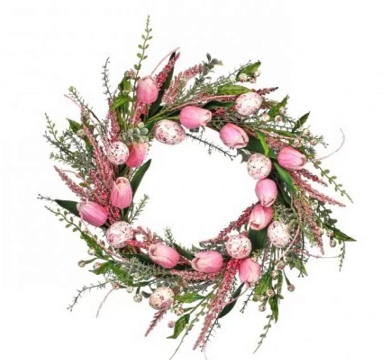 * Spring And Easter Wreath Decorated With Pink & White Eggs And Tulips* Easter And Spring
